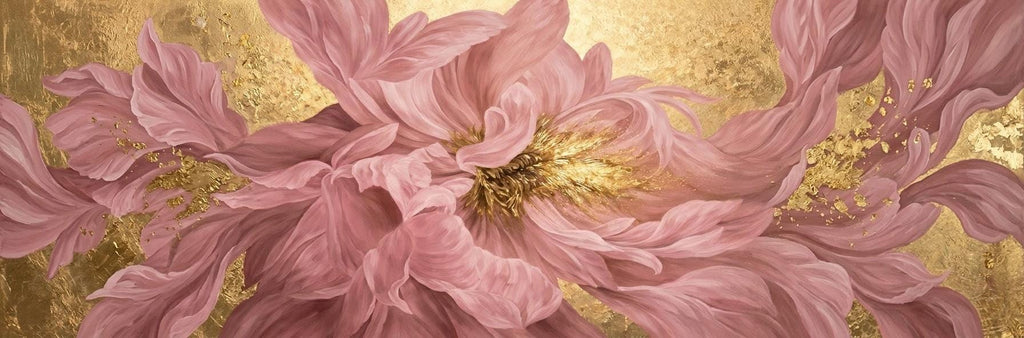 Gustav Klimt Gold and Pink Peony Canvas Print, Abstract Blossom Above Bed Decor