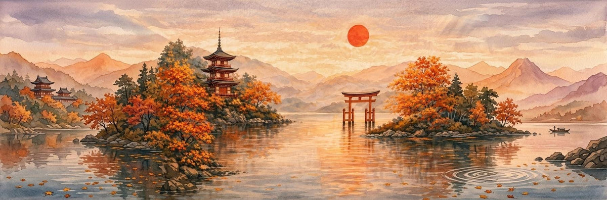 Japandi Pagoda Canvas Art, Sunset Mountain Print, Large Zen Wall Decor Above Bed