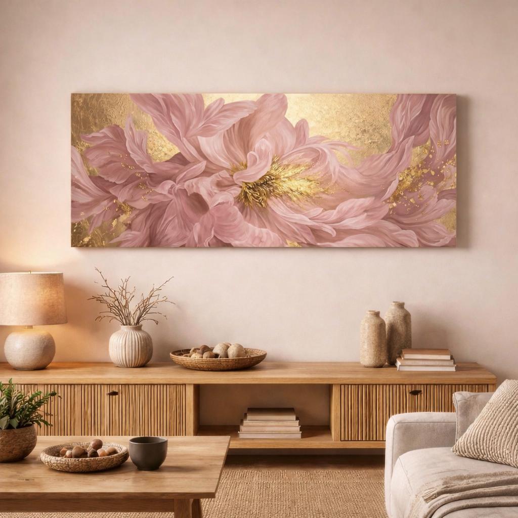 Gustav Klimt Gold and Pink Peony Canvas Print, Abstract Blossom Above Bed Decor