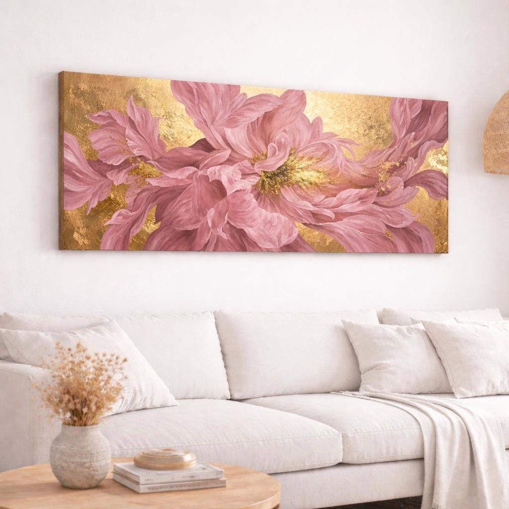 Gustav Klimt Gold and Pink Peony Canvas Print, Abstract Blossom Above Bed Decor