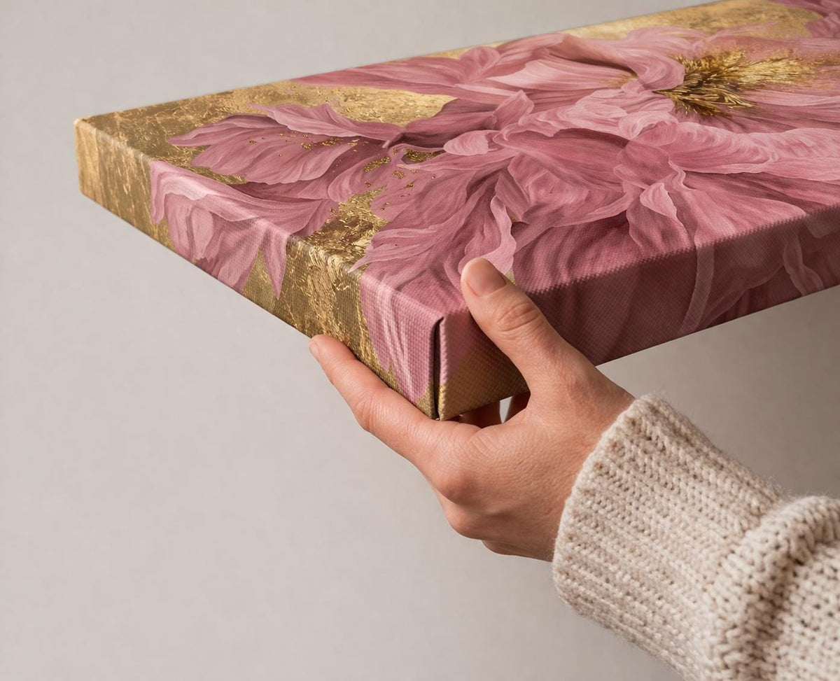 Gustav Klimt Gold and Pink Peony Canvas Print, Abstract Blossom Above Bed Decor