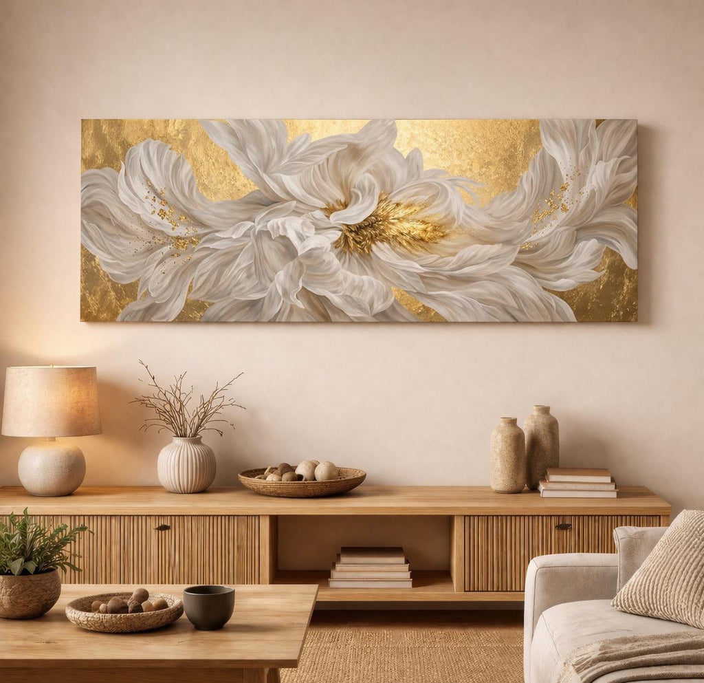 Panorama White Peony Floral Canvas Art, Abstract Blossom Wall Decor, Above Bed