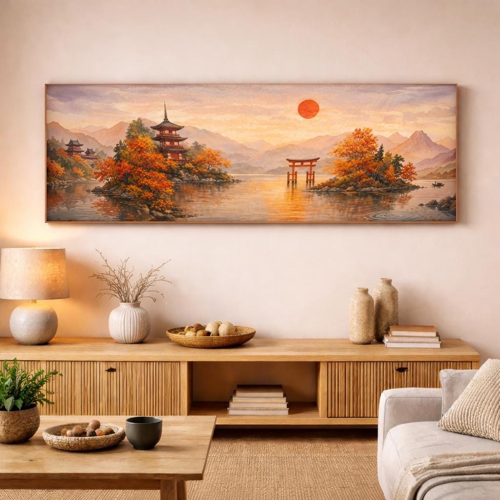 Japandi Pagoda Canvas Art, Sunset Mountain Print, Large Zen Wall Decor Above Bed