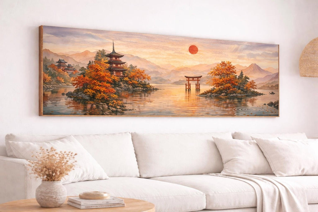 Japandi Pagoda Canvas Art, Sunset Mountain Print, Large Zen Wall Decor Above Bed