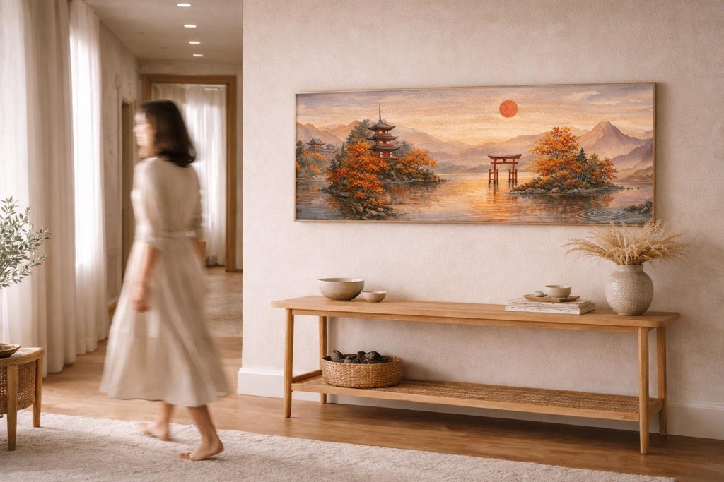 Japandi Pagoda Canvas Art, Sunset Mountain Print, Large Zen Wall Decor Above Bed