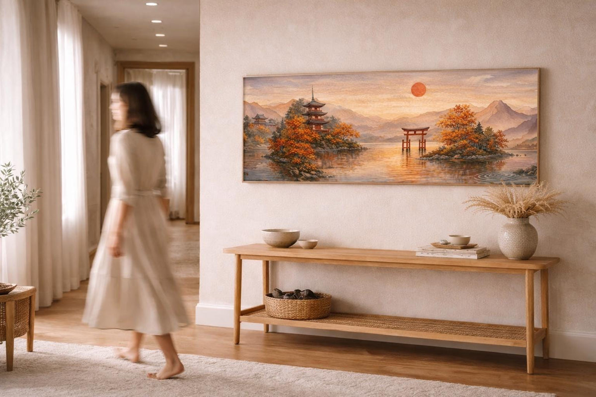 Japandi Pagoda Canvas Art, Sunset Mountain Print, Large Zen Wall Decor Above Bed