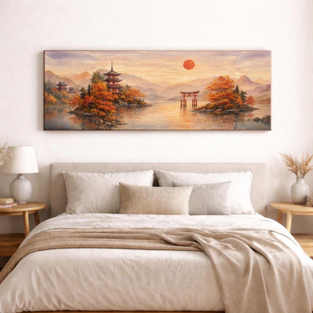 Japandi Pagoda Canvas Art, Sunset Mountain Print, Large Zen Wall Decor Above Bed