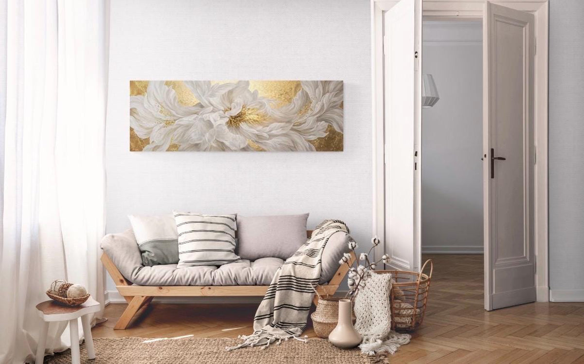 Panorama White Peony Floral Canvas Art, Abstract Blossom Wall Decor, Above Bed