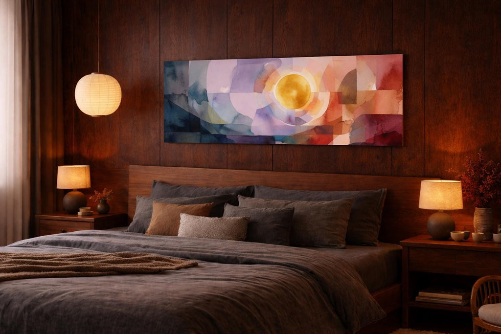 Large Geometric Abstract Canvas Print, Warm Earth Tones, Panoramic Bedroom Wall Decor