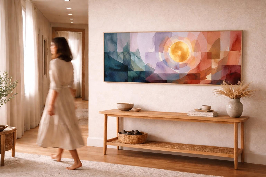 Large Geometric Abstract Canvas Print, Warm Earth Tones, Panoramic Bedroom Wall Decor
