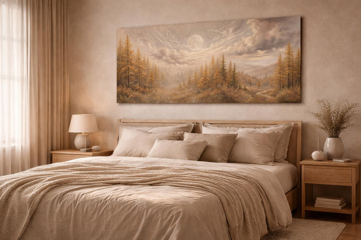 Golden Forest Panorama Canvas, Autumn Moon Landscape, Wide Statement Art
