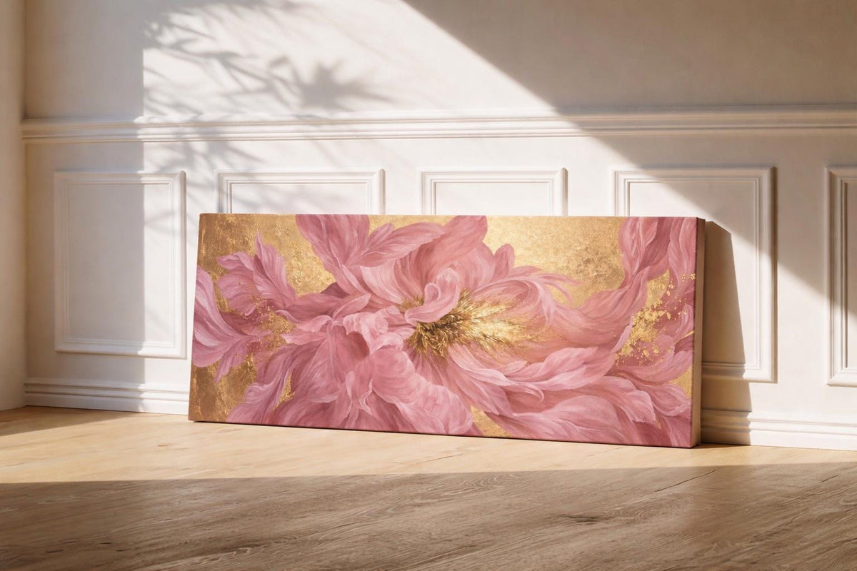 Gustav Klimt Gold and Pink Peony Canvas Print, Abstract Blossom Above Bed Decor