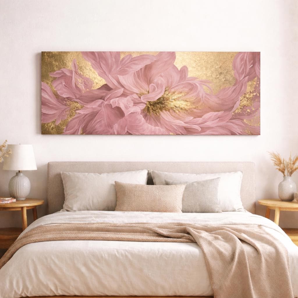 Gustav Klimt Gold and Pink Peony Canvas Print, Abstract Blossom Above Bed Decor