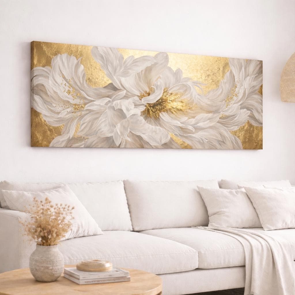 Panorama White Peony Floral Canvas Art, Abstract Blossom Wall Decor, Above Bed