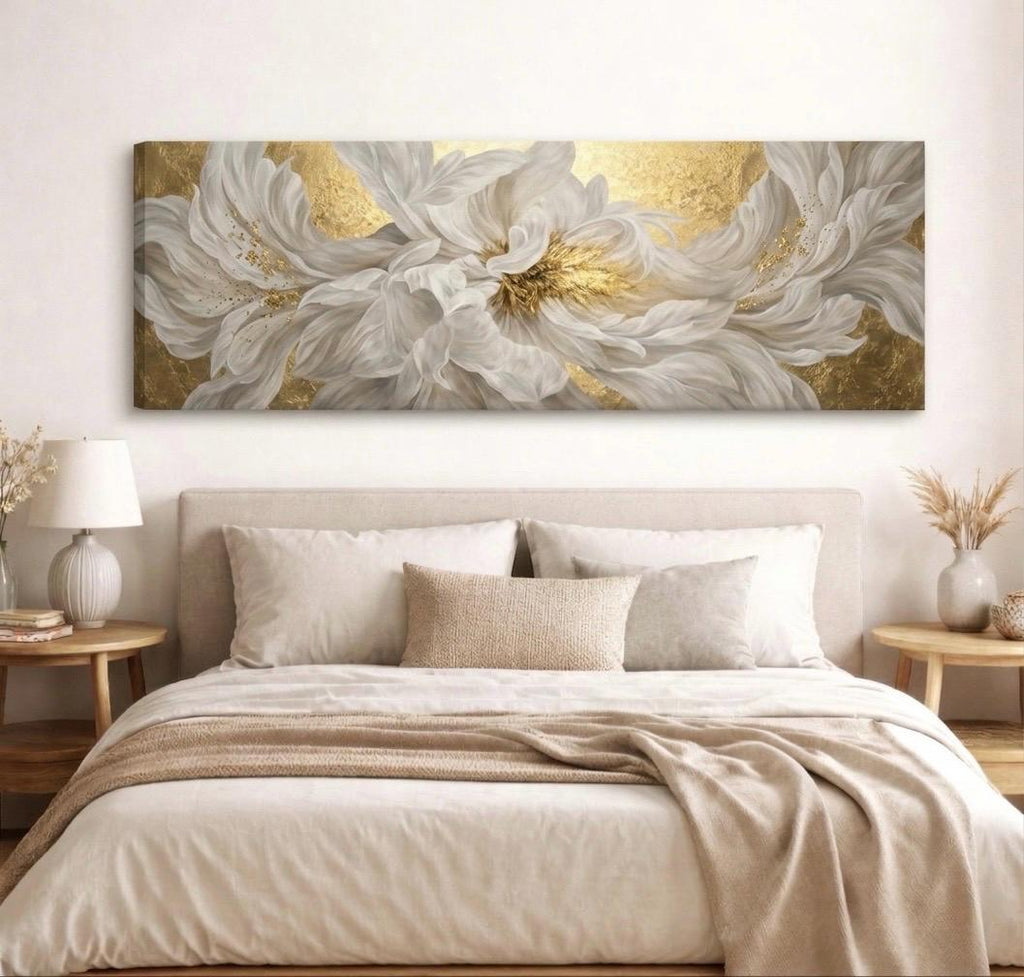 Panorama White Peony Floral Canvas Art, Abstract Blossom Wall Decor, Above Bed