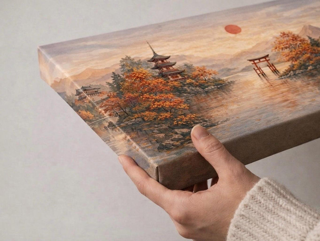 Japandi Pagoda Canvas Art, Sunset Mountain Print, Large Zen Wall Decor Above Bed