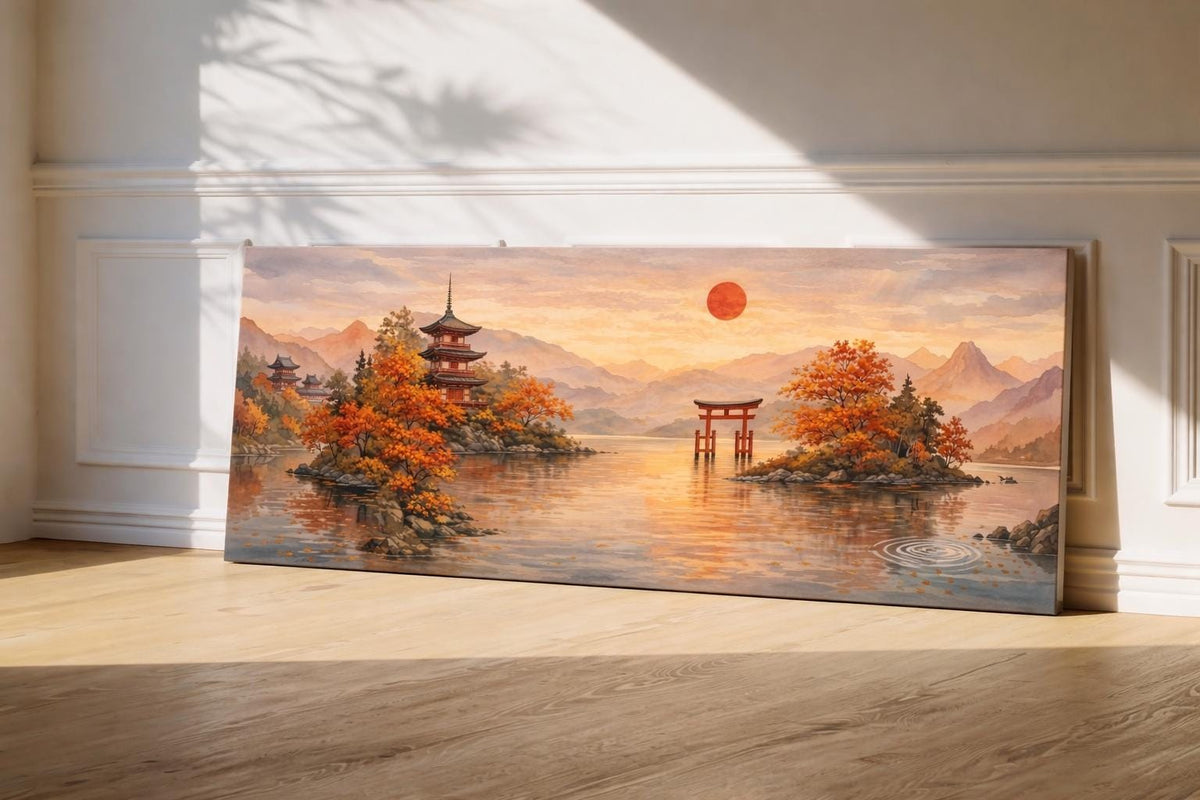 Japandi Pagoda Canvas Art, Sunset Mountain Print, Large Zen Wall Decor Above Bed