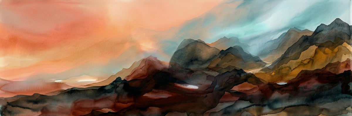 Earth Tone Abstract Mountain Ridge Canvas Print, Panoramic Expressionist Painting Home Office