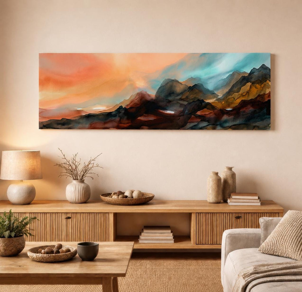 Earth Tone Abstract Mountain Ridge Canvas Print, Panoramic Expressionist Painting Home Office