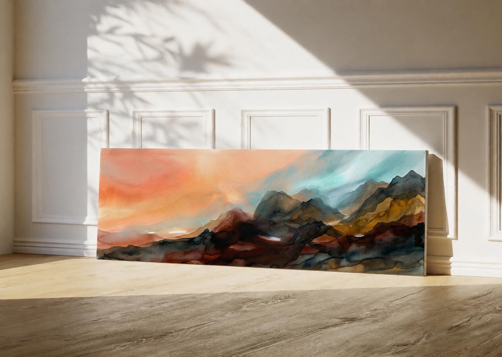Earth Tone Abstract Mountain Ridge Canvas Print, Panoramic Expressionist Painting Home Office