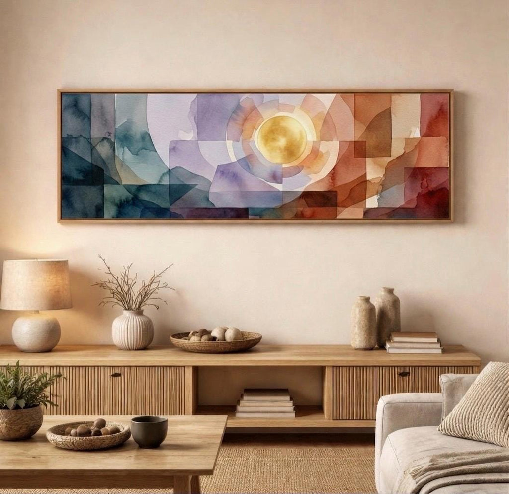 Large Geometric Abstract Canvas Print, Warm Earth Tones, Panoramic Bedroom Wall Decor