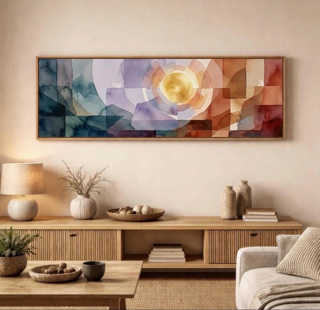 Large Geometric Abstract Canvas Print, Warm Earth Tones, Panoramic Bedroom Wall Decor