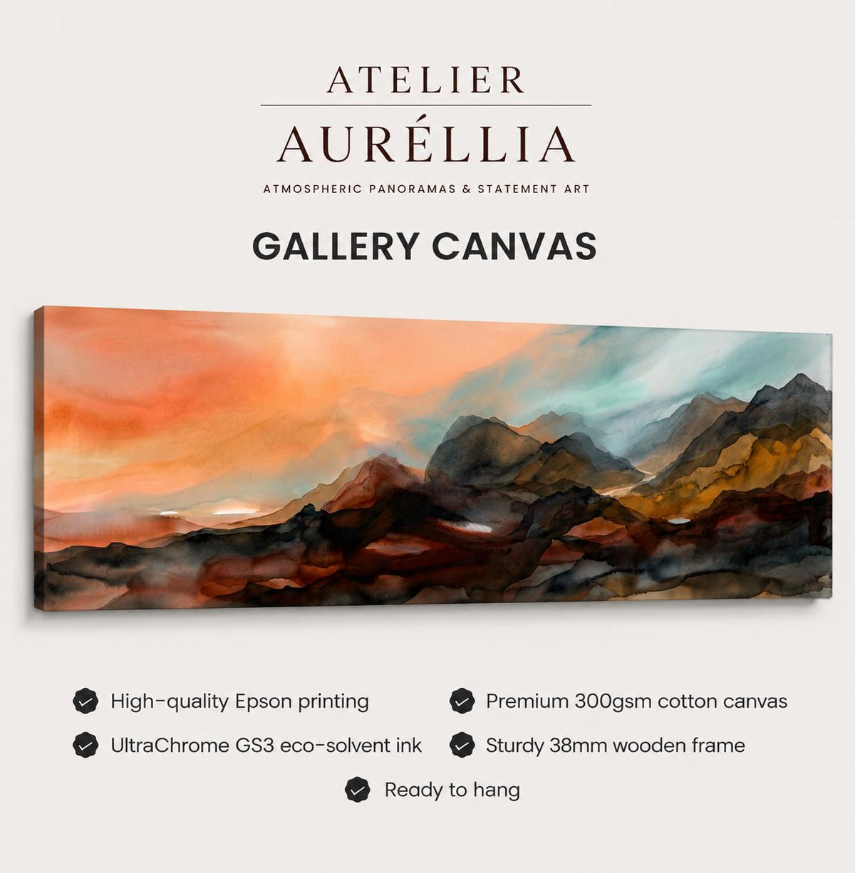 Earth Tone Abstract Mountain Ridge Canvas Print, Panoramic Expressionist Painting Home Office