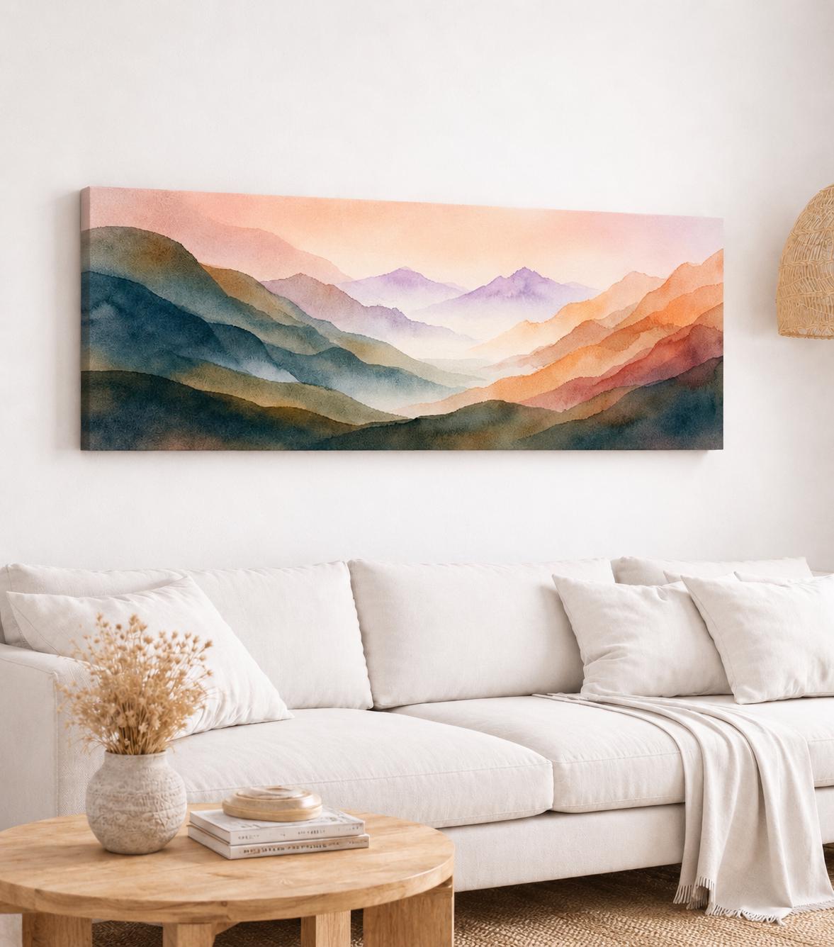 Panoramic Abstract Watercolor Mountain Wall Art - Large Horizontal Landscape Canvas Print