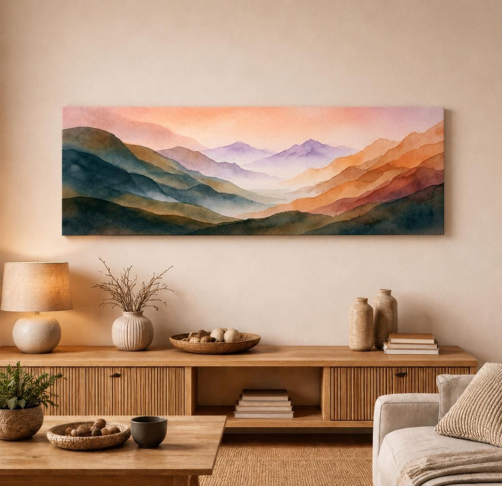 Panoramic Abstract Watercolor Mountain Wall Art - Large Horizontal Landscape Canvas Print