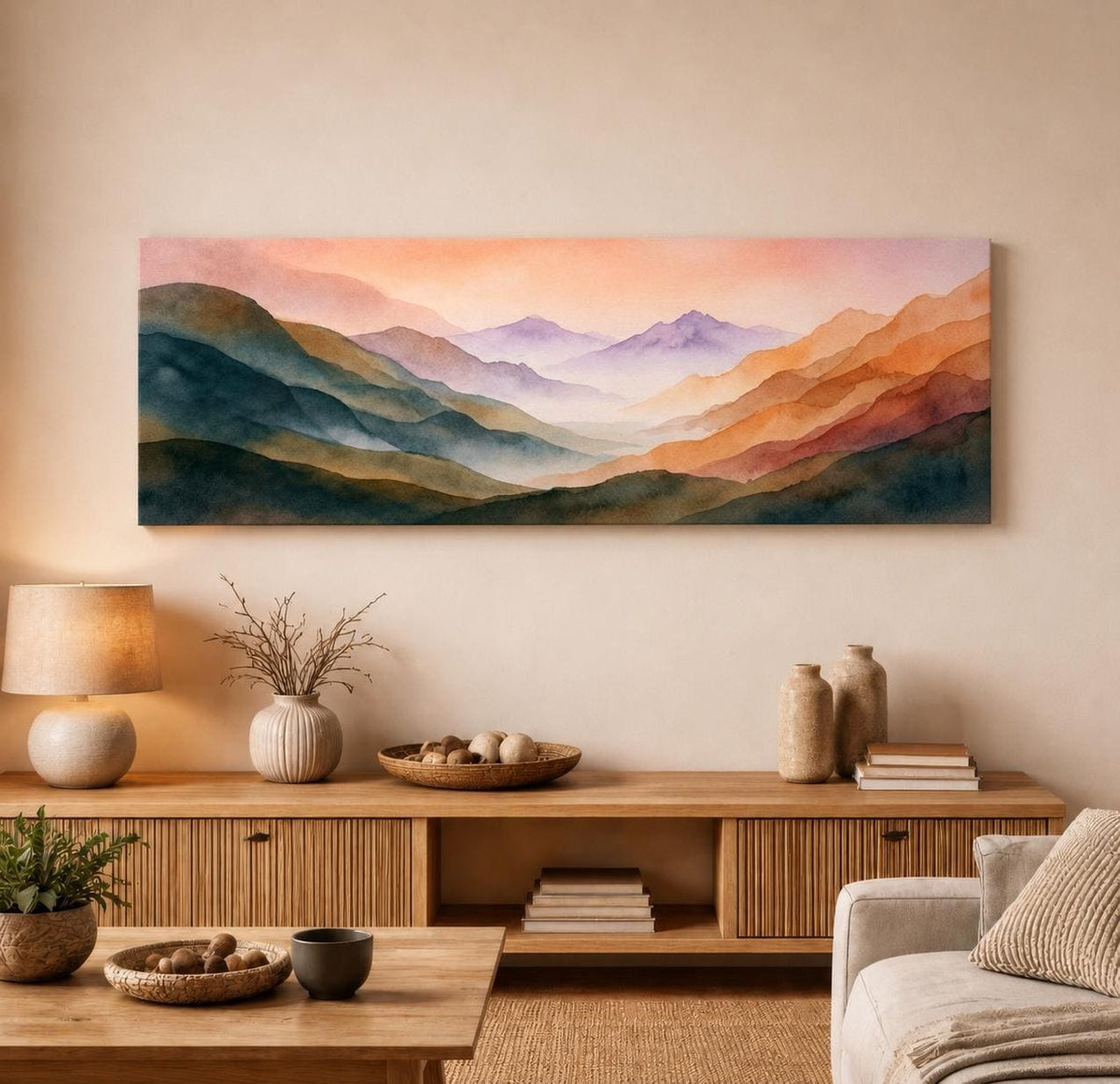 Panoramic Abstract Watercolor Mountain Wall Art - Large Horizontal Landscape Canvas Print