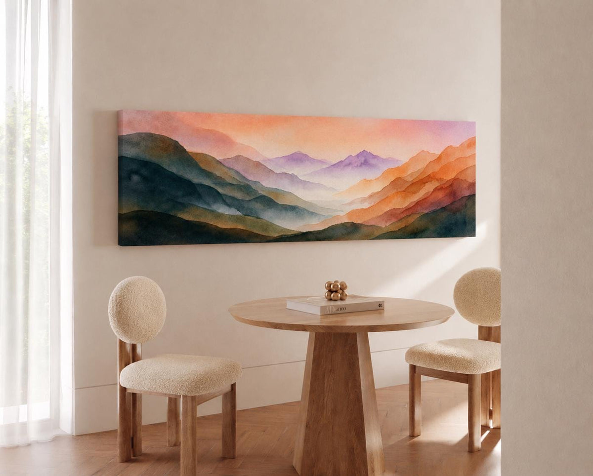 Panoramic Abstract Watercolor Mountain Wall Art - Large Horizontal Landscape Canvas Print