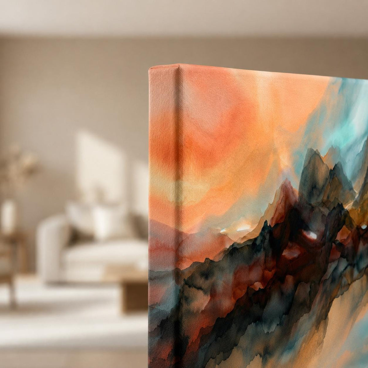 Earth Tone Abstract Mountain Ridge Canvas Print, Panoramic Expressionist Painting Home Office