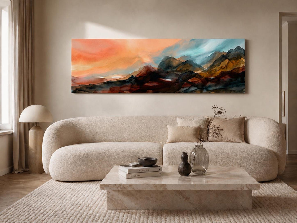 Earth Tone Abstract Mountain Ridge Canvas Print, Panoramic Expressionist Painting Home Office