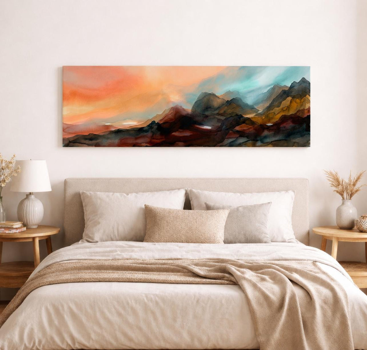 Earth Tone Abstract Mountain Ridge Canvas Print, Panoramic Expressionist Painting Home Office