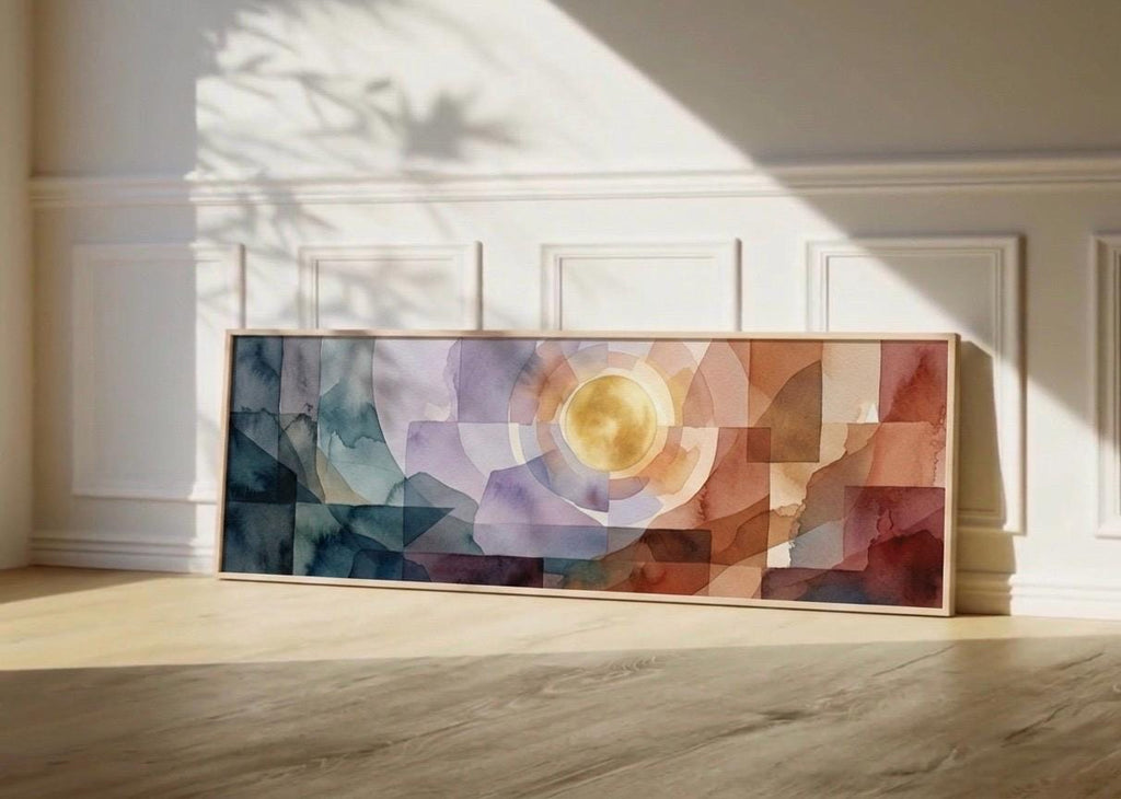 Large Geometric Abstract Canvas Print, Warm Earth Tones, Panoramic Bedroom Wall Decor