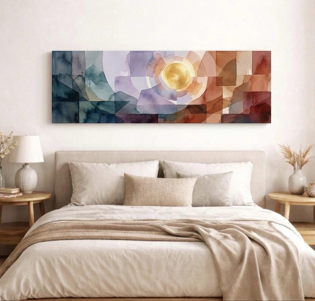 Large Geometric Abstract Canvas Print, Warm Earth Tones, Panoramic Bedroom Wall Decor