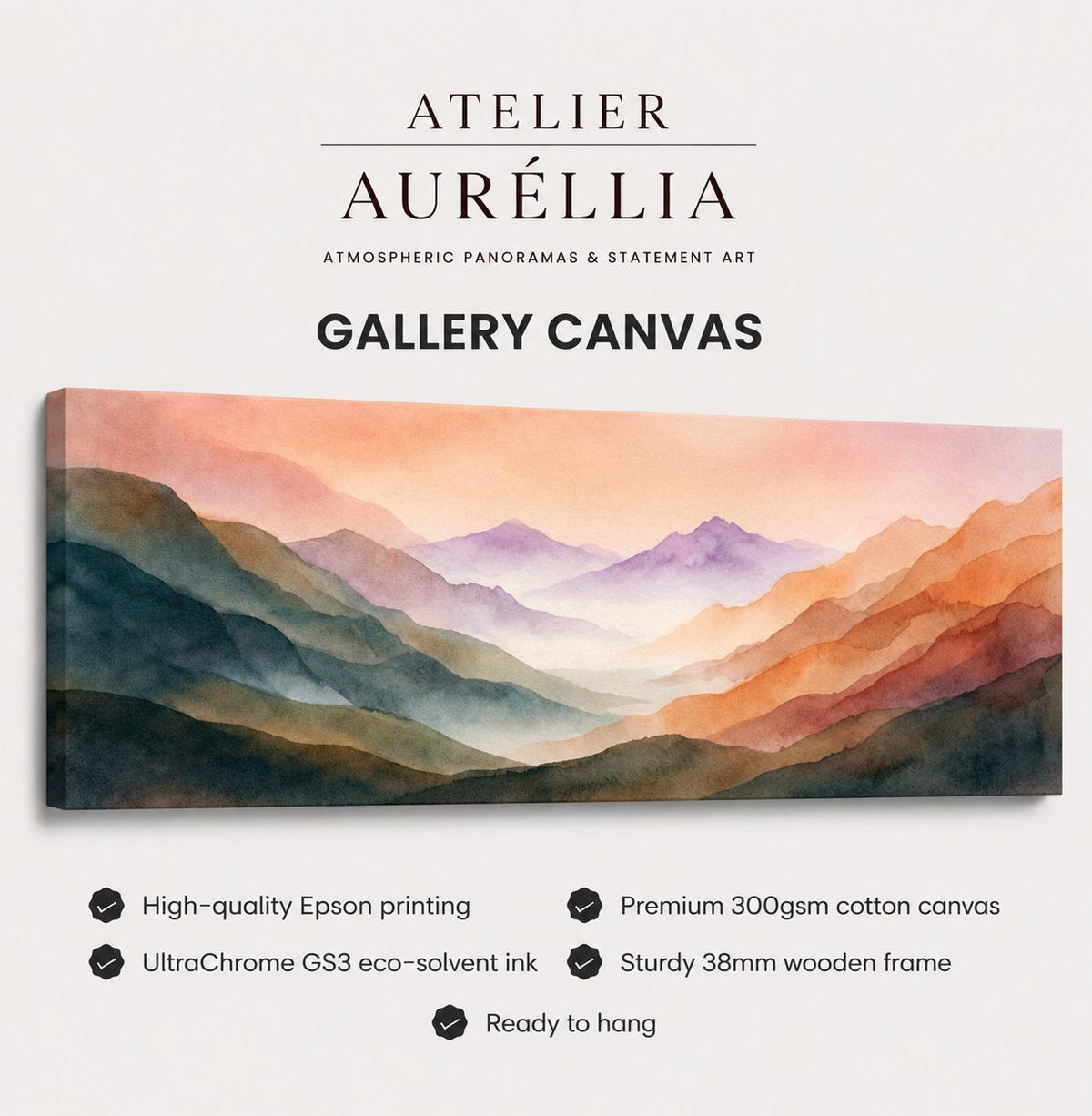Panoramic Abstract Watercolor Mountain Wall Art - Large Horizontal Landscape Canvas Print