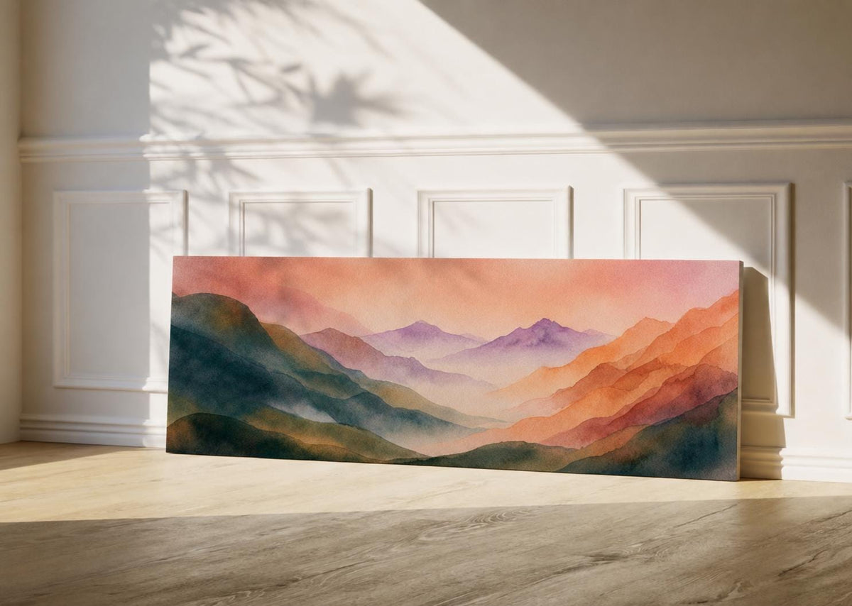 Panoramic Abstract Watercolor Mountain Wall Art - Large Horizontal Landscape Canvas Print