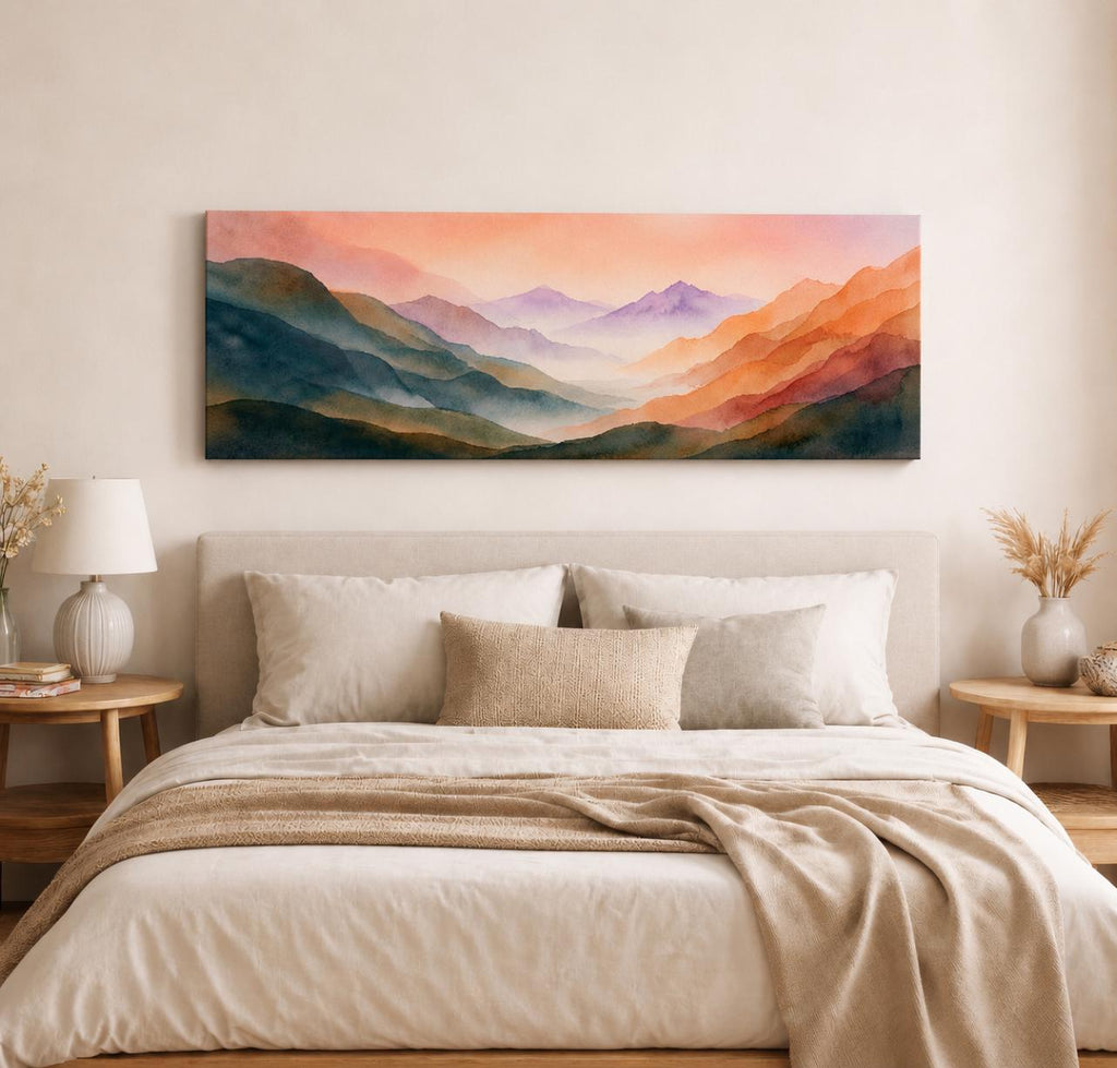 Panoramic Abstract Watercolor Mountain Wall Art - Large Horizontal Landscape Canvas Print