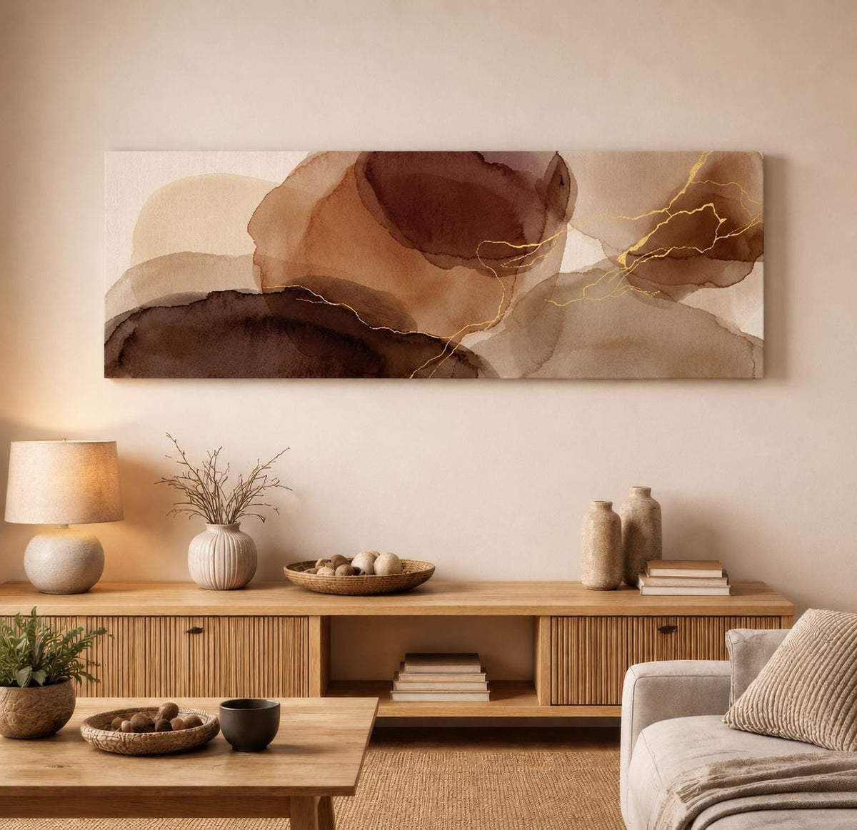 Espresso Brown Abstract Canvas Print, Wabi Sabi Wall Art, Slim Narrow Decor