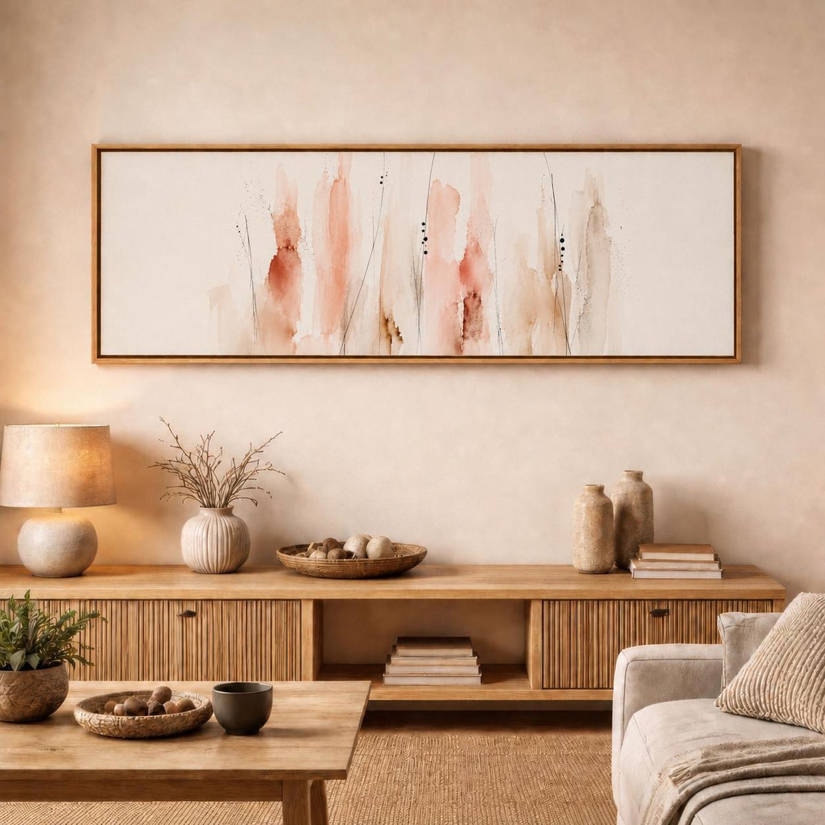 Floral Coral Canvas Print, Neutral tones, Minimalist Japandi Above Bed Decor