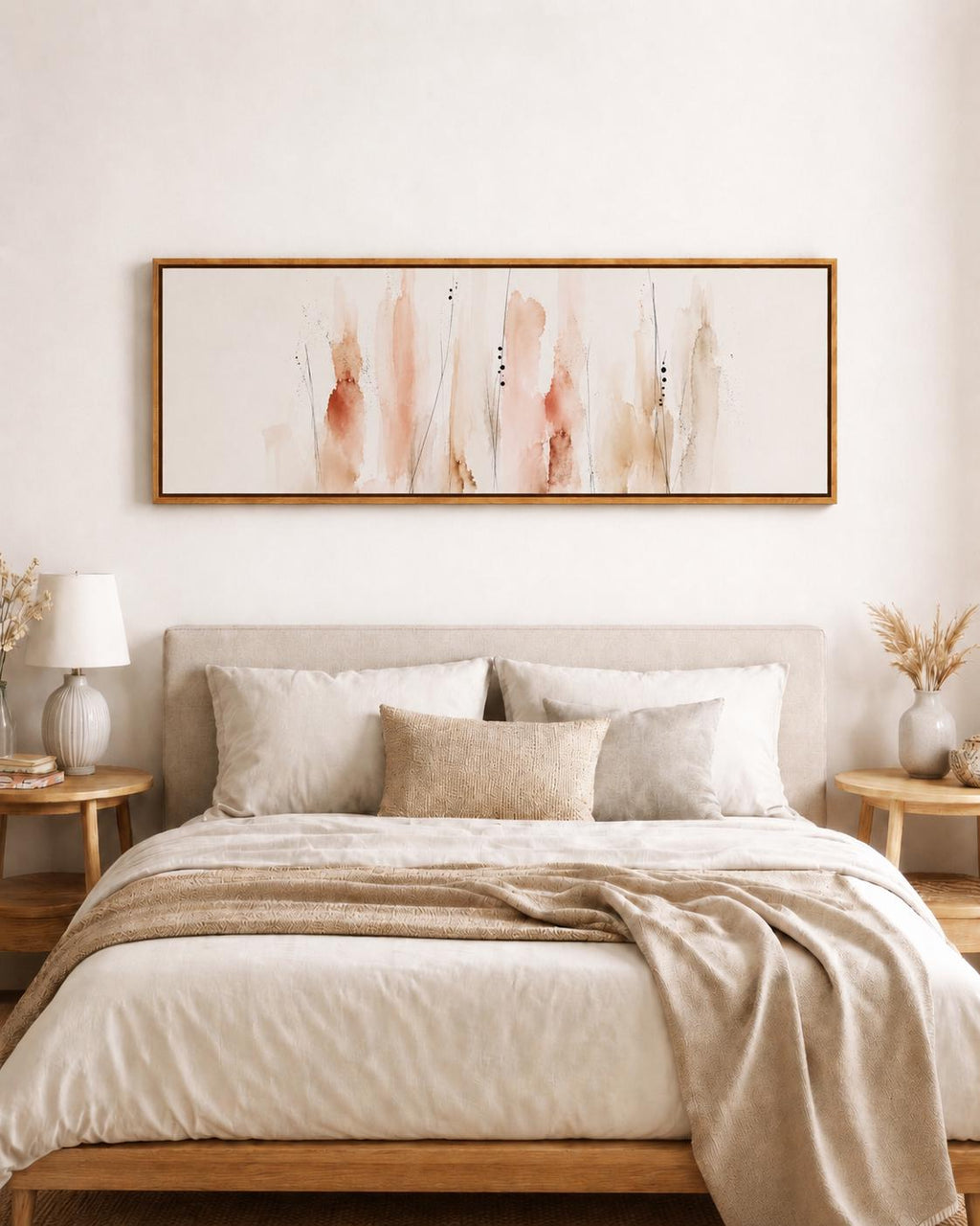 Floral Coral Canvas Print, Neutral tones, Minimalist Japandi Above Bed Decor