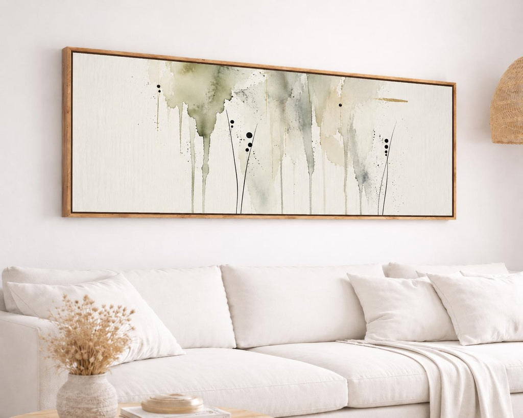 Olive Green Fluid Abstract Canvas Print, Delicate Watercolor Japandi Wall Decor Above Bed