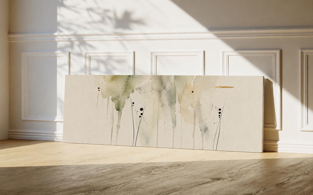 Olive Green Fluid Abstract Canvas Print, Delicate Watercolor Japandi Wall Decor Above Bed