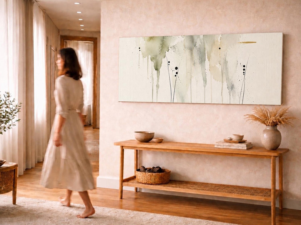 Olive Green Fluid Abstract Canvas Print, Delicate Watercolor Japandi Wall Decor Above Bed