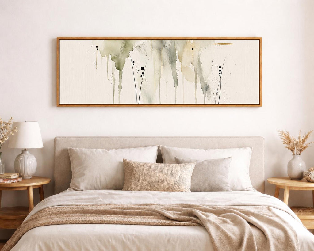 Olive Green Fluid Abstract Canvas Print, Delicate Watercolor Japandi Wall Decor Above Bed