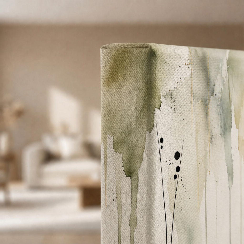 Olive Green Fluid Abstract Canvas Print, Delicate Watercolor Japandi Wall Decor Above Bed