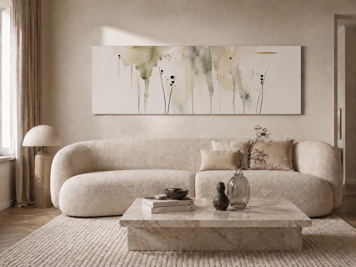 Olive Green Fluid Abstract Canvas Print, Delicate Watercolor Japandi Wall Decor Above Bed