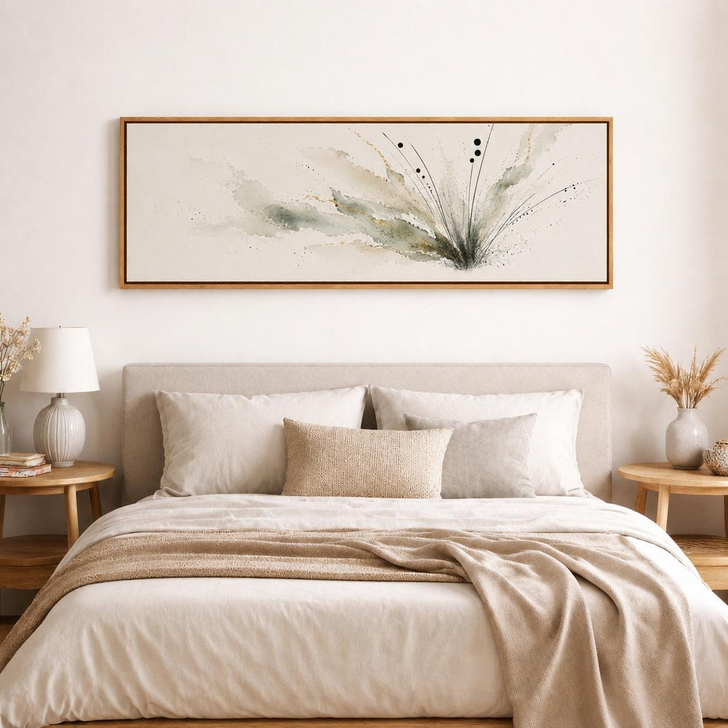Earthy Green Botanical Abstract Canvas, Muted Wabi Sabi Panoramic Wall Decor
