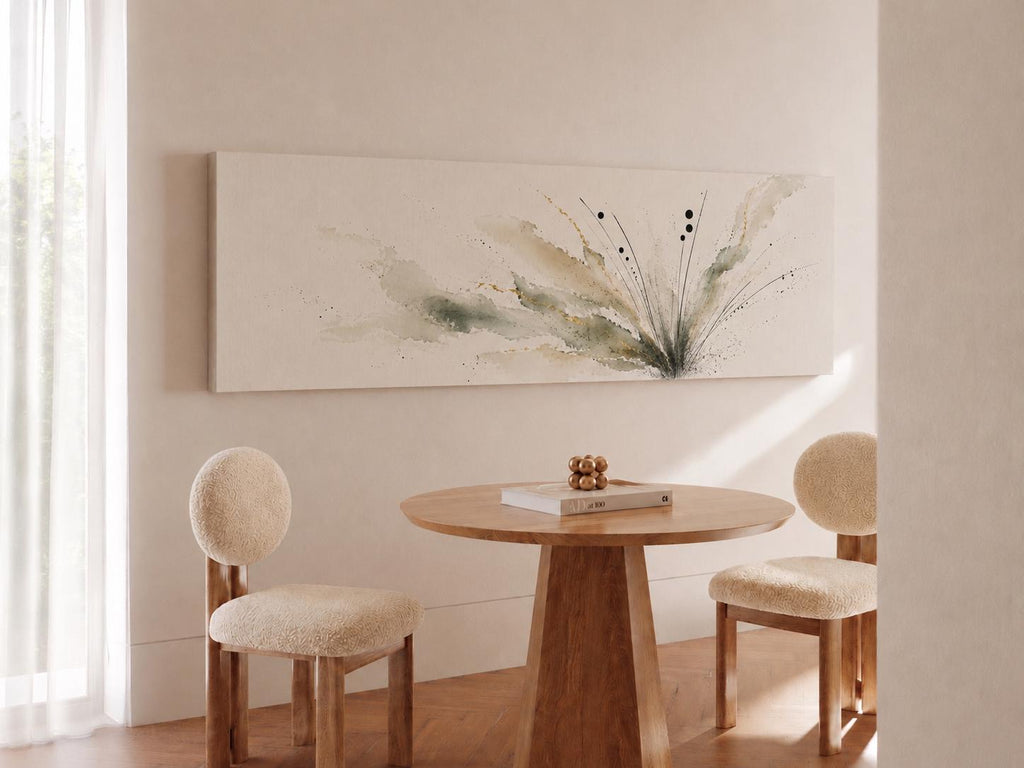 Earthy Green Botanical Abstract Canvas, Muted Wabi Sabi Panoramic Wall Decor